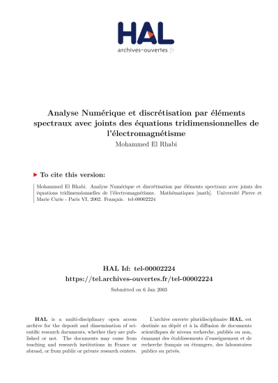 Analyse Numerique Et Discretisation Par Elements Spectraux Avec Joints Des Equations Tridimensionnelles De L Electromagnetisme