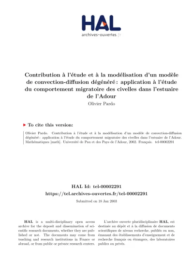 Contribution A L Etude Et A La Modelisation D Un Modele De Convection Diffusion Degenere Application A L Etude Du Comportement Migratoire Des Civelles Dans L Estuaire De L Adour