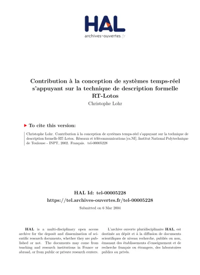 Contribution A La Conception De Systemes Temps Reel S Appuyant Sur La Technique De Description Formelle Rt Lotos