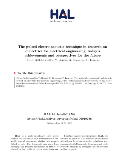 The Pulsed Electro Acoustic Technique In Research On Dielectrics For Electrical Engineering Today S Achievements And Perspectives For The Future