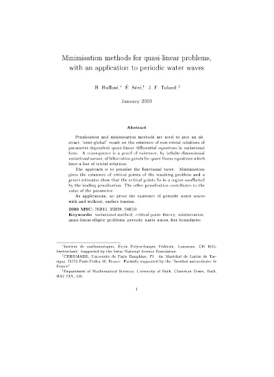Minimisation Methods For Quasi Linear Problems With An Application To Periodic Water Waves