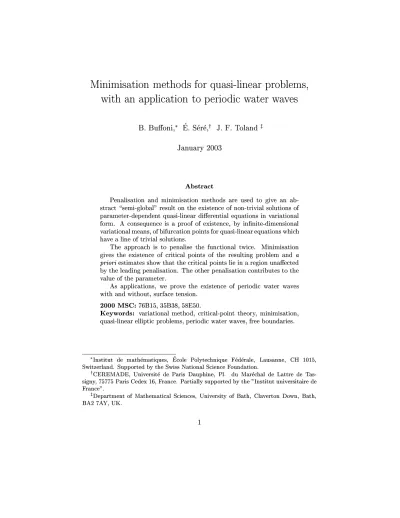 Minimisation Methods For Quasi Linear Problems With An Application To Periodic Water Waves