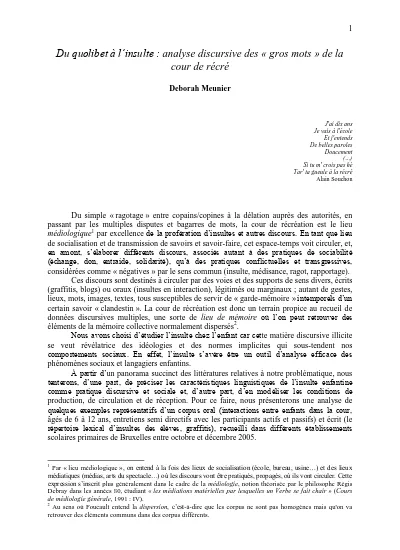 Du Quolibet A L Insulte Analyse Discursive Des Gros Mots De La Cour De Recre