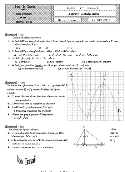 Devoir De Controle N 5 2eme Sciences Mr Jemli 28 04 10