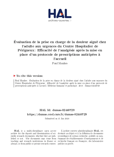 Évaluation de la prise en charge de la douleur aiguë chez ladulte aux urgences du Centre