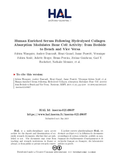 Human Enriched Serum Following Hydrolysed Collagen Absorption Modulates Bone Cell Activity From Bedside To Bench And Vice Versa