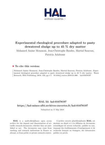 Experimental Rheological Procedure Adapted To Pasty Dewatered Sludge Up To 45 Dry Matter