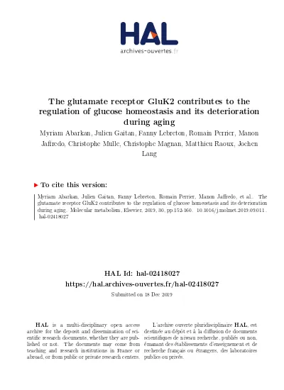 The Glutamate Receptor Gluk2 Contributes To The Regulation Of Glucose Homeostasis And Its Deterioration During Aging