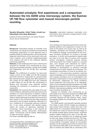 Automated Urinalysis First Experiences And A Comparison Between The Iris Iq200 Urine Microscopy 2269
