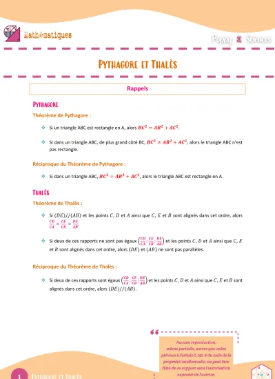 1 Pythagore et Thalès Rappels Pythagore Thalès Théorème de